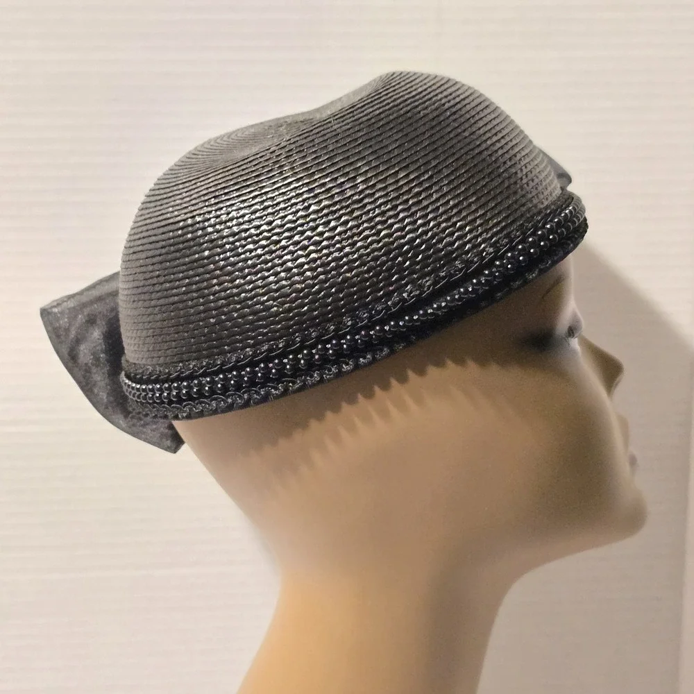 Vintage Deborah New York Black Woven Pillbox‎ Hat Beaded Trim Large Bow Accent